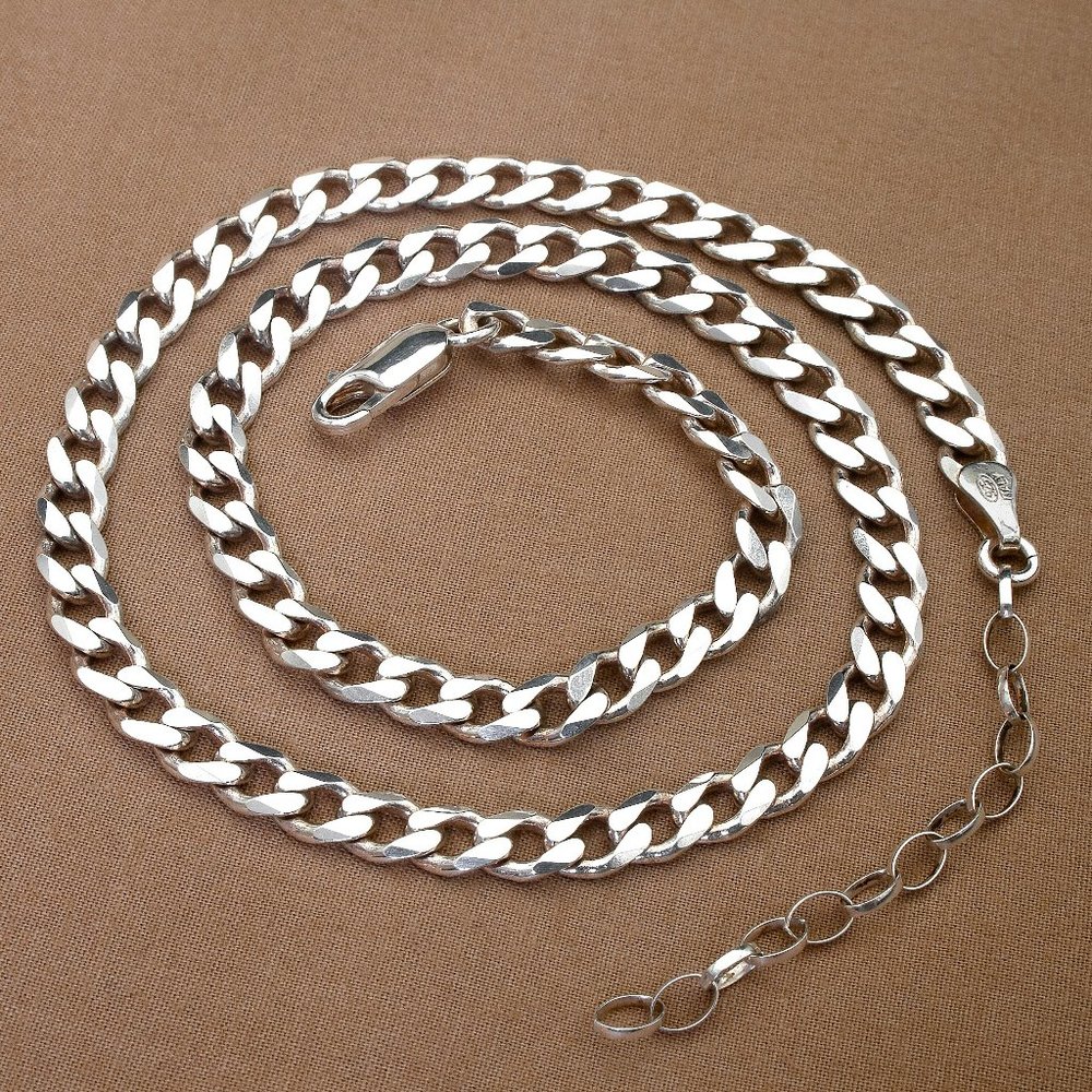 Real Italian Solid Sterling Silver Curb Chain Necklace with Extender Stamped 925